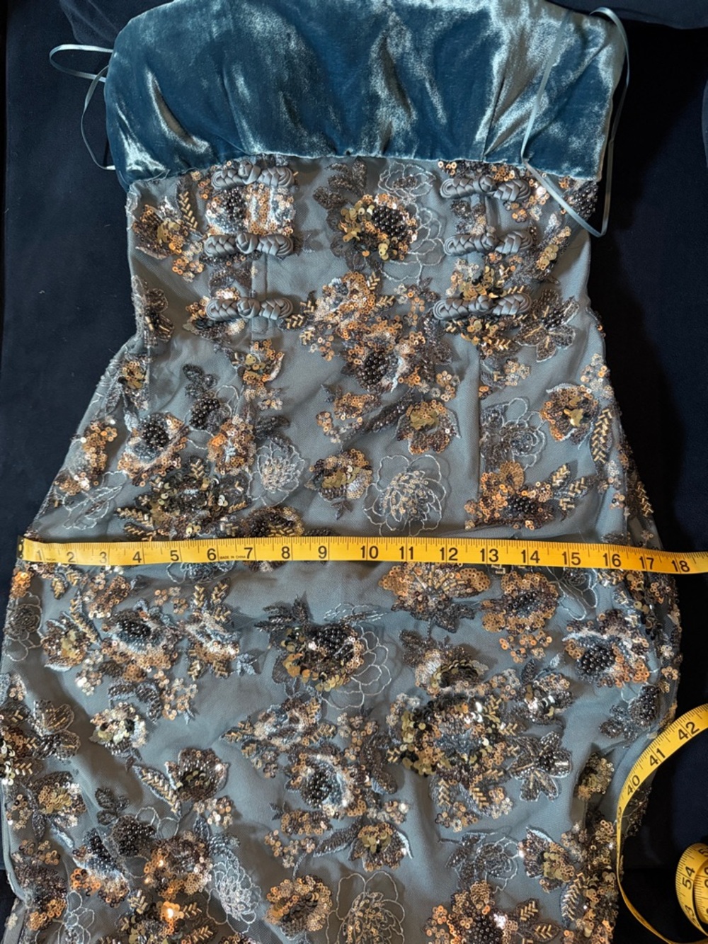 Elegant Strapless Blue Floral Dress - Picture 8 of 15